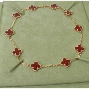 🔥Van Cleef Vintage Alhambra Necklace 10 Motifs 18K Gold Carnelian Box and Paper
